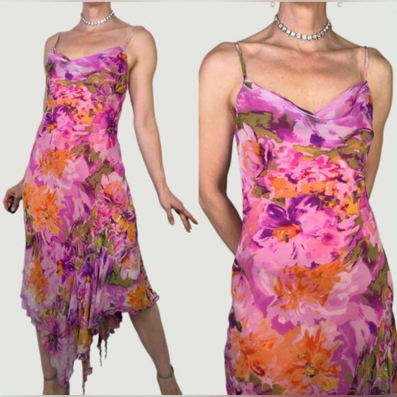Cache Dresses & Skirts - Vintage Cache Silk Fairy Asymmetrical Dress 90s y2k Slip Hi Low Floral Cowl Neck